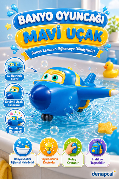 DENAPCAL Uçak Banyo Oyuncağı Sevimli Uçak Figürlü Bebek Küvet ve Duş Oyuncağı