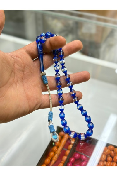 tesbihciniz Copper Kazaz Tasseled Blue Vermilion Amber Prayer Beads