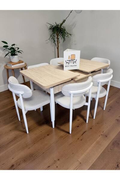 MSY HOME 6 Kişilik Lina Beyaz Kumaş 80*130 Traverten Açılır Masa Sandalye Set...