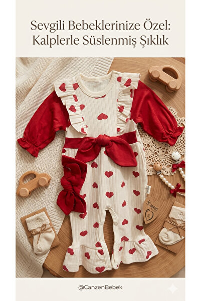 Butik Kız Bebek Kırmızı Kalpli Romantik Tasarım Fiyonklu Takım - Özel Gün Ser...