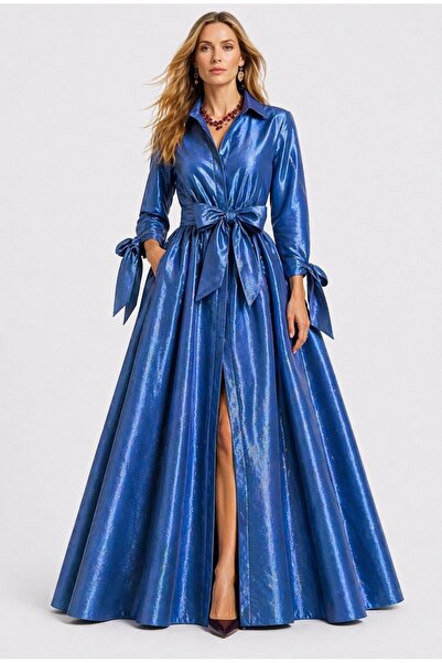 UNTIMELY Maxi Taffeta Shirt Dress with Sleeve Tie Detail