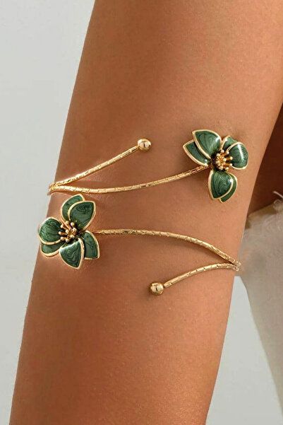 Parantez Aksesuar 3-Leaf Green Flower Themed Armcuff Gold Women's Pazu Bracelet