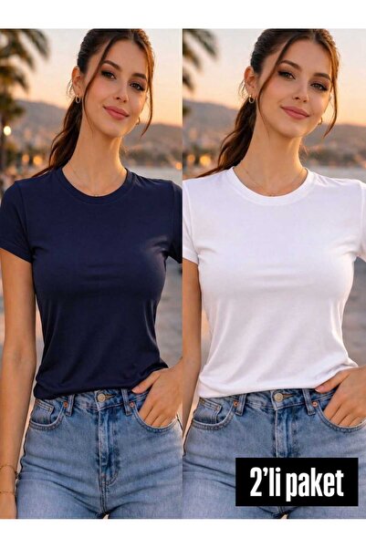 BEHLIVE Κοντομάνικο μπλουζάκι με λαιμόκοψη ουράνιο στρόφιγγα ελαστικό ύφασμα ...