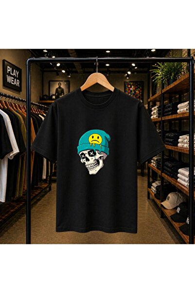 playwear Μπλουζάκι με στάμπα κρανίου Emoji στο στήθος, 100% βαμβακερό, oversi...