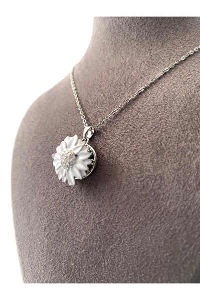 MİLYEM jewelry Papatya Kolye Beyaz Kadın Çelik Kristal Taşlı Dönen Mekanizmalı