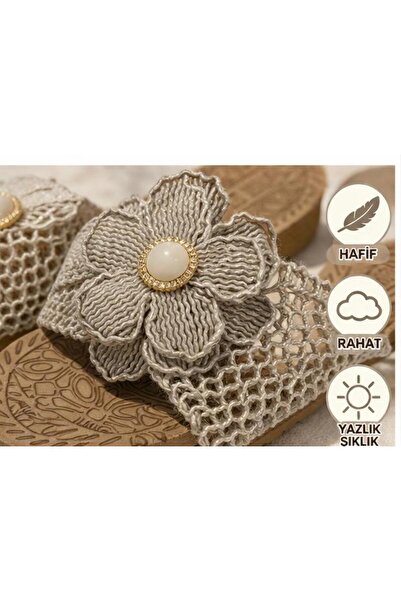 PAPUCUMUN DÜNYASI Γυναικείες Ψάθινες Παντόφλες με Λουλούδια - Παντόφλες Εξωτε...