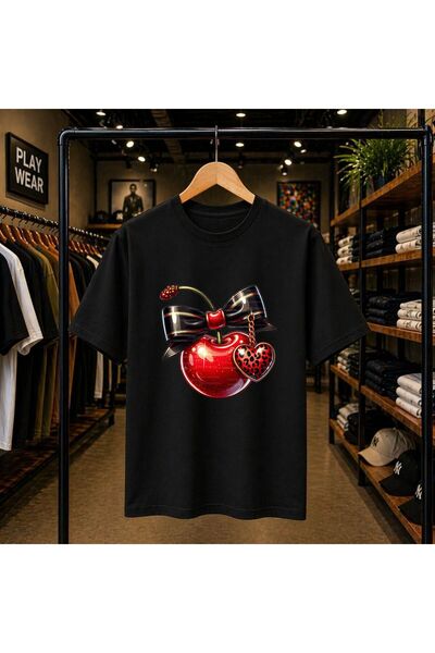 playwear Μπλουζάκι με γυαλιστερή κορδέλα κερασί, στάμπα στο στήθος, 100% βαμβ...