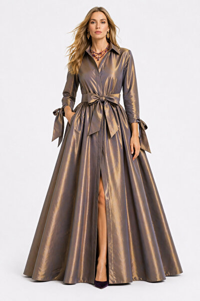 UNTIMELY Maxi Taffeta Shirt Dress with Sleeve Tie Detail