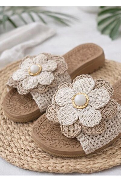 PAPUCUMUN DÜNYASI Γυναικείες Ψάθινες Παντόφλες με Λουλούδια - Παντόφλες Εξωτε...