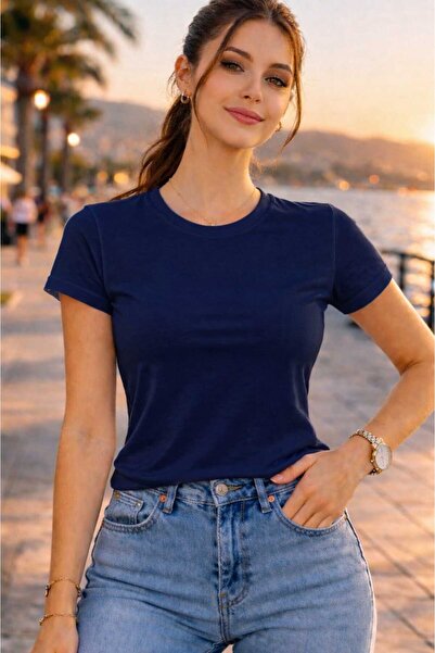 BEHLIVE Κοντομάνικο μπλουζάκι με λαιμόκοψη ουράνιο στρόφιγγα ελαστικό ύφασμα ...