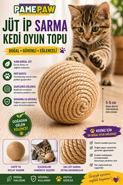 PAMEPAW Jüt Ip Sarma Kedi Oyun Topu 5 Cm ( 1 Adet ) Kedi Oyuncağı