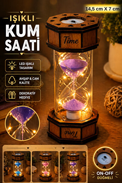 Tamsena Store Işıklı Dekoratif Ahşap Kum Saati LED Işıklı Cam Kum Saatli Nost...
