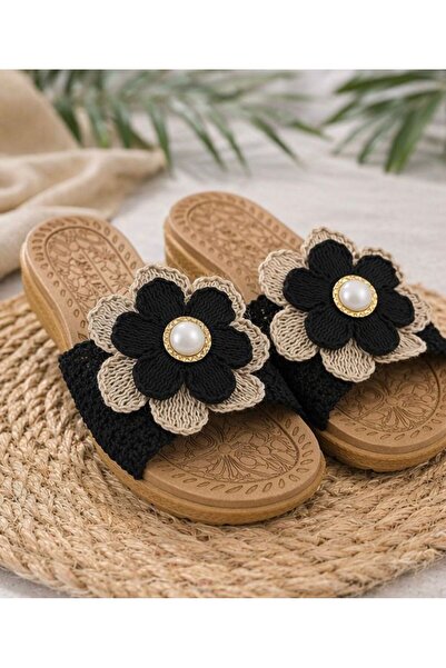 PAPUCUMUN DÜNYASI Γυναικείες Ψάθινες Παντόφλες με Λουλούδια - Παντόφλες Εξωτε...