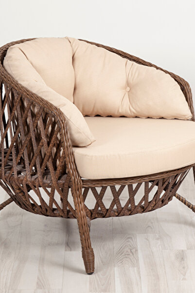 KalyonHome Gardeniza Sicilya Rattan 3+1+1 Bahçe Balkon Oturma Grubu Yuvarlak Cam Masa Bej
