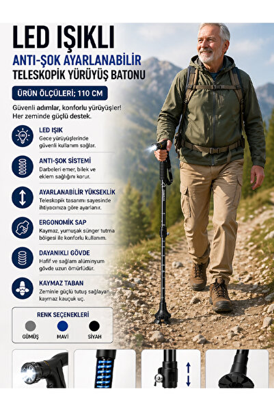 moryconcept Led Işıklı Anti-Şok Ayarlanabilir Teleskopik Yürüyüş Batonu 110 Cm Ergonomik Tutma Saplı