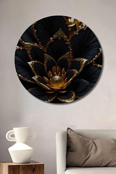 Teona Ahşap Στρογγυλό διακοσμητικό ξύλινο τραπέζι με χρυσόφυλλο μαύρο λουλούδ...