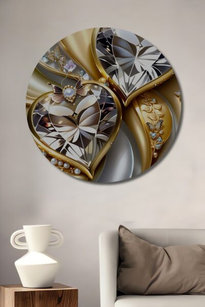 Teona Ahşap Στρογγυλό Ξύλινο Διακοσμητικό Τραπέζι με Χρυσές Λαμπερές Διαμαντέ...