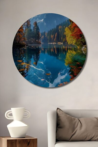 Teona Ahşap Στρογγυλό Φθινοπωρινό Τοπίο Ορεινής Λίμνης με Ελαιογραφία και Ξύλ...