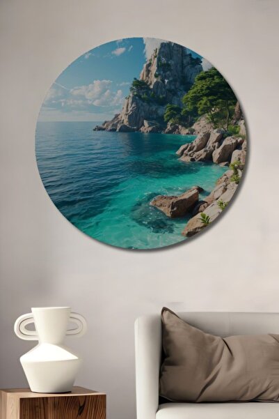 Teona Ahşap Στρογγυλό Ξύλινο Διακοσμητικό Τραπέζι με Ελαιογραφία Τυρκουάζ Σκο...