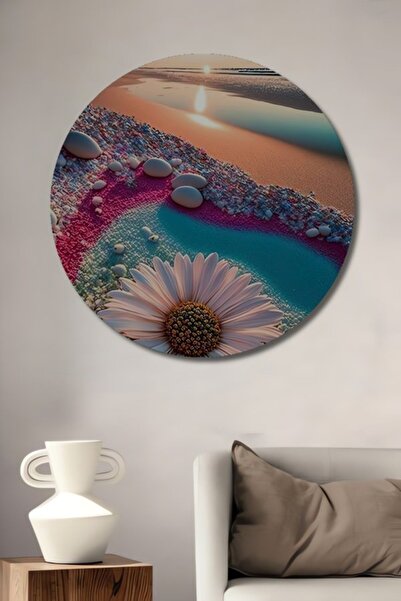 Teona Ahşap Στρογγυλό Ξύλινο Διακοσμητικό Τραπέζι με Ελαιογραφία με θέμα το Π...