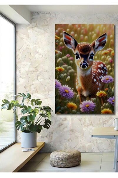 Teona Ahşap Γοητευτικό Ξύλινο Διακοσμητικό Τραπέζι με Ελαιογραφία Ελαφιού για...