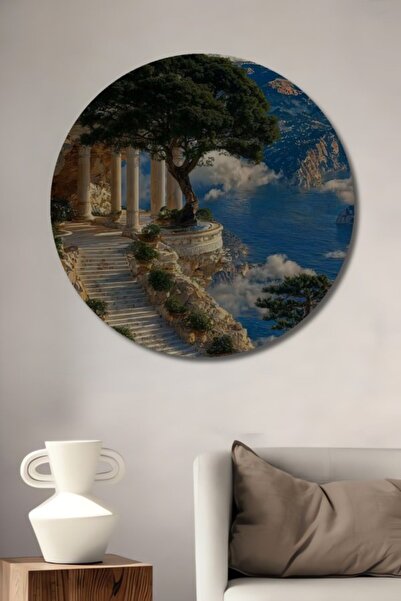 Teona Ahşap Στρογγυλό Ξύλινο Διακοσμητικό Τραπέζι σε Αντίκα Μπλε Απόχρωση, γι...