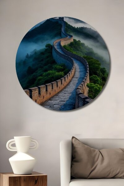 Teona Ahşap Στρογγυλό Ξύλινο Διακοσμητικό Τραπέζι με Σκηνικό της Σινικής Τείχ...