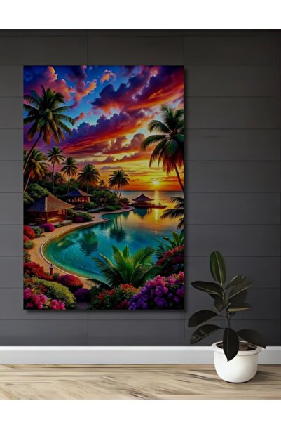 Teona Ahşap Τροπικό τοπίο ηλιοβασιλέματος με ελαιογραφία, ξύλινο διακοσμητικό...