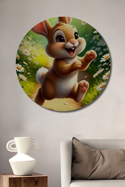 Teona Ahşap Στρογγυλό Ξύλινο Διακοσμητικό Τραπέζι με Ελαιογραφία Happy Rabbit...