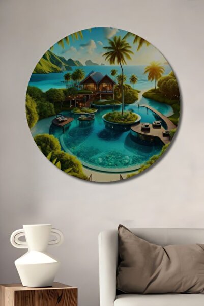 Teona Ahşap Στρογγυλό Ξύλινο Διακοσμητικό Τραπέζι με Θέμα την Πανέμορφη Τοπία...