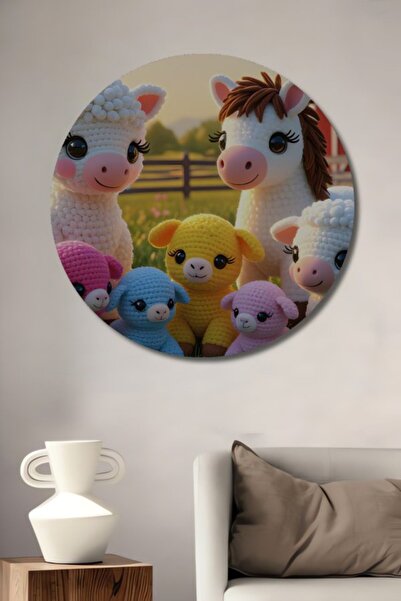 Teona Ahşap Στρογγυλό Ξύλινο Διακοσμητικό Τραπέζι με Ζώα Φάρμας σε Στυλ Αμιγκ...