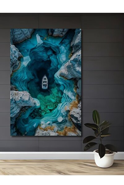 Teona Ahşap Μυστηριώδης Μπλε Σπηλιά, Ξύλινο Διακοσμητικό Τραπέζι με Ελαιογραφ...