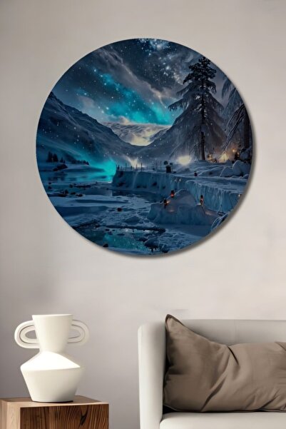 Teona Ahşap Στρογγυλό Ξύλινο Διακοσμητικό Πίνακα με Μαγικό Χειμερινό Τοπίο Νύ...