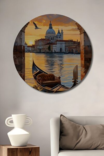 Teona Ahşap Στρογγυλό Ξύλινο Διακοσμητικό Πίνακα με Ελαιογραφία Τοπίου Βενετί...