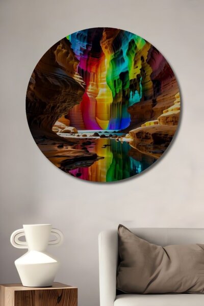 Teona Ahşap Στρογγυλό Ξύλινο Διακοσμητικό Τραπέζι με Εφέ Ελαιογραφίας Σπηλαίο...