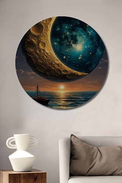 Teona Ahşap Στρογγυλό Ξύλινο Διακοσμητικό Τραπέζι με Θέα Μυστηριώδη Σελήνη κα...