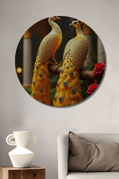 Teona Ahşap Στρογγυλό Ξύλινο Διακοσμητικό Πίνακα Τέχνης με Χρυσό Φτερωτό Παγώ...