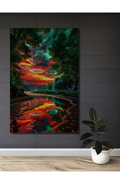 Teona Ahşap Πανέμορφο Ξύλινο Διακοσμητικό Τραπέζι με Ελαιογραφία Τοπίου με Ηλ...