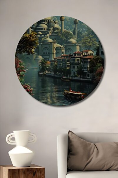 Teona Ahşap Στρογγυλό Ξύλινο Διακοσμητικό Πίνακα με Ελαιογραφία Τοπίου Ιστορι...