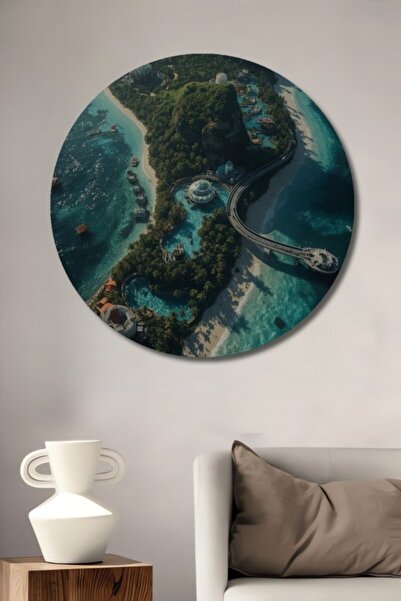 Teona Ahşap Στρογγυλό Ξύλινο Διακοσμητικό Πίνακα με Τοπίο Τροπικής Παραδείσια...