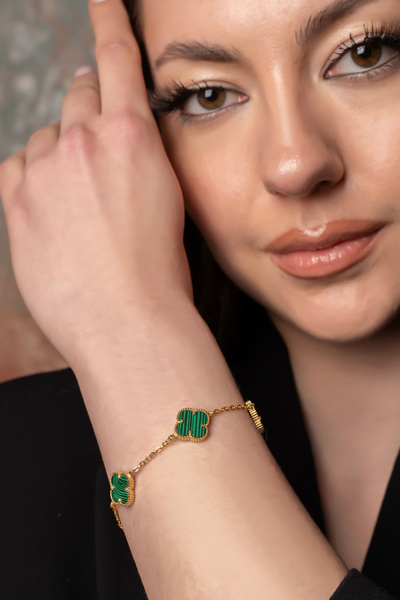 LUNAERA JEWELRY 925 Ayar Gümüş Gold Yeşil Taşlı Dört Yapraklı Yonca Bileklik ...