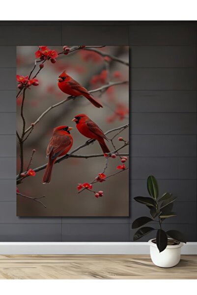 Teona Ahşap Τρία κόκκινα καρδινάλια πουλιά και λουλούδια, ξύλινο διακοσμητικό...