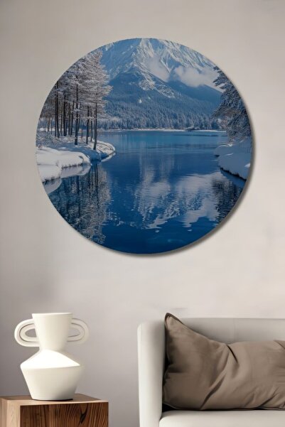 Teona Ahşap Στρογγυλό Ξύλινο Διακοσμητικό Τραπέζι με Μαγικό Χειμερινό Τοπίο γ...