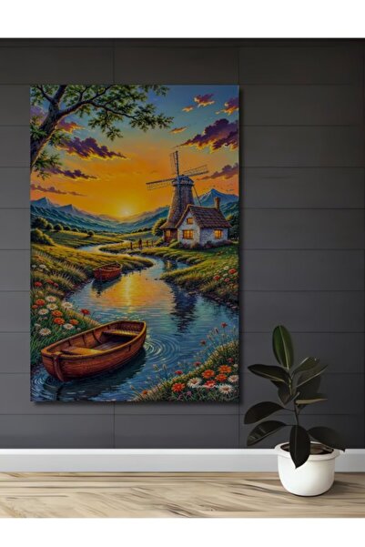 Teona Ahşap Τοπίο με ανεμόμυλο στο χρυσό φως του ήλιου Ξύλινο διακοσμητικό πί...