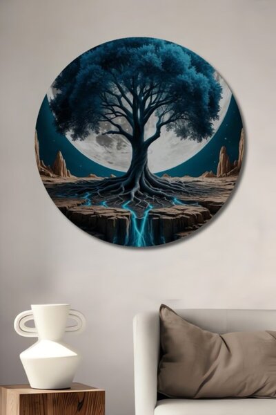 Teona Ahşap Στρογγυλό Ξύλινο Διακοσμητικό Τραπέζι με Θέμα το Μυστηριώδες Μπλε...