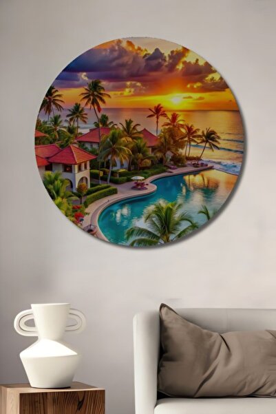 Teona Ahşap Στρογγυλό, πανέμορφο, τροπικό τοπίο πισίνας με ηλιοβασίλεμα, ξύλι...