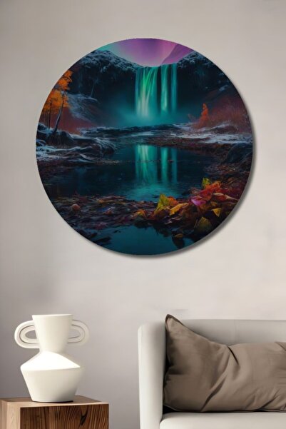 Teona Ahşap Στρογγυλό Ξύλινο Διακοσμητικό Τραπέζι με Ελαιογραφία με θέμα το Μ...