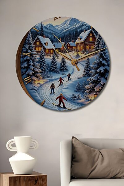 Teona Ahşap Στρογγυλό Ξύλινο Διακοσμητικό Τραπέζι με Θέα Χειμερινού Τοπίου, Π...