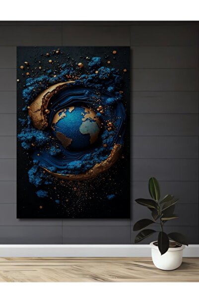 Teona Ahşap Ξύλινο Διακοσμητικό Πίνακα Αφηρημένης Τέχνης σε Χρυσό και Μπλε, γ...