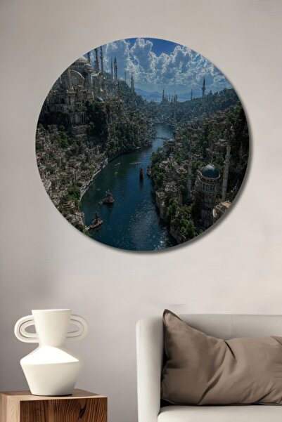 Teona Ahşap Στρογγυλό Ξύλινο Διακοσμητικό Τραπέζι με Ελαιογραφία με θέμα το Φ...